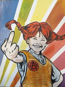 Ilustración de Pippi Calzaslargas mostrando el dedo medio con fondo de colores y símbolo anarquista.