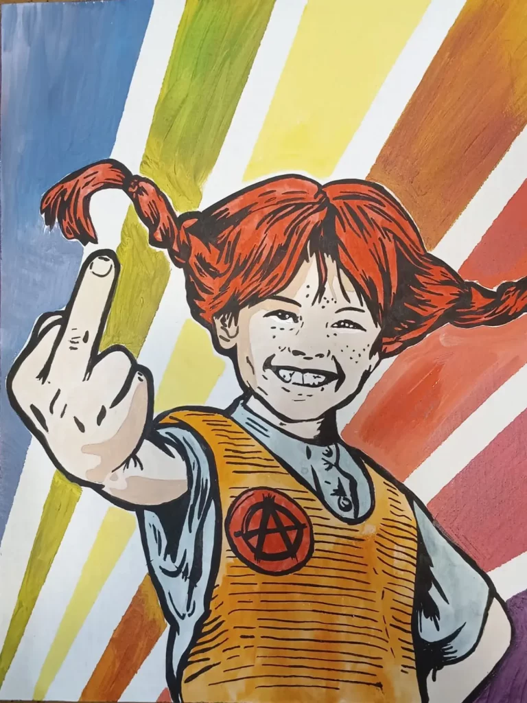 Ilustración de Pippi Calzaslargas mostrando el dedo medio con fondo de colores y símbolo anarquista.