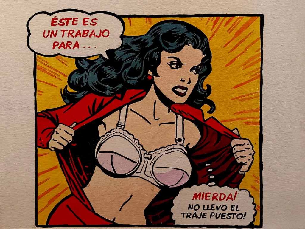 Ilustración pop art estilo cómic vintage de wonderwoman abriendo la chaqueta con un bocadillo humorístico.