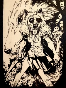 Ilustración de San de la película Princesa Mononoke con máscara de lobo y estilo manga en blanco y negro.