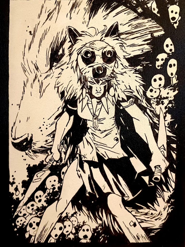 Ilustración de San de la película Princesa Mononoke con máscara de lobo y estilo manga en blanco y negro.