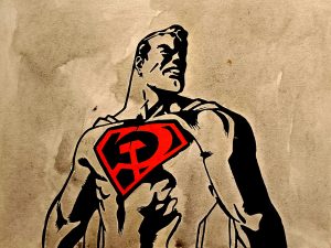 Ilustración de Superman en estilo stencil con símbolo rojo en el pecho sobre fondo gris