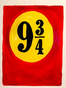Símbolo andén 9 y 3/4 de Hogwarts en círculo amarillo sobre fondo rojo