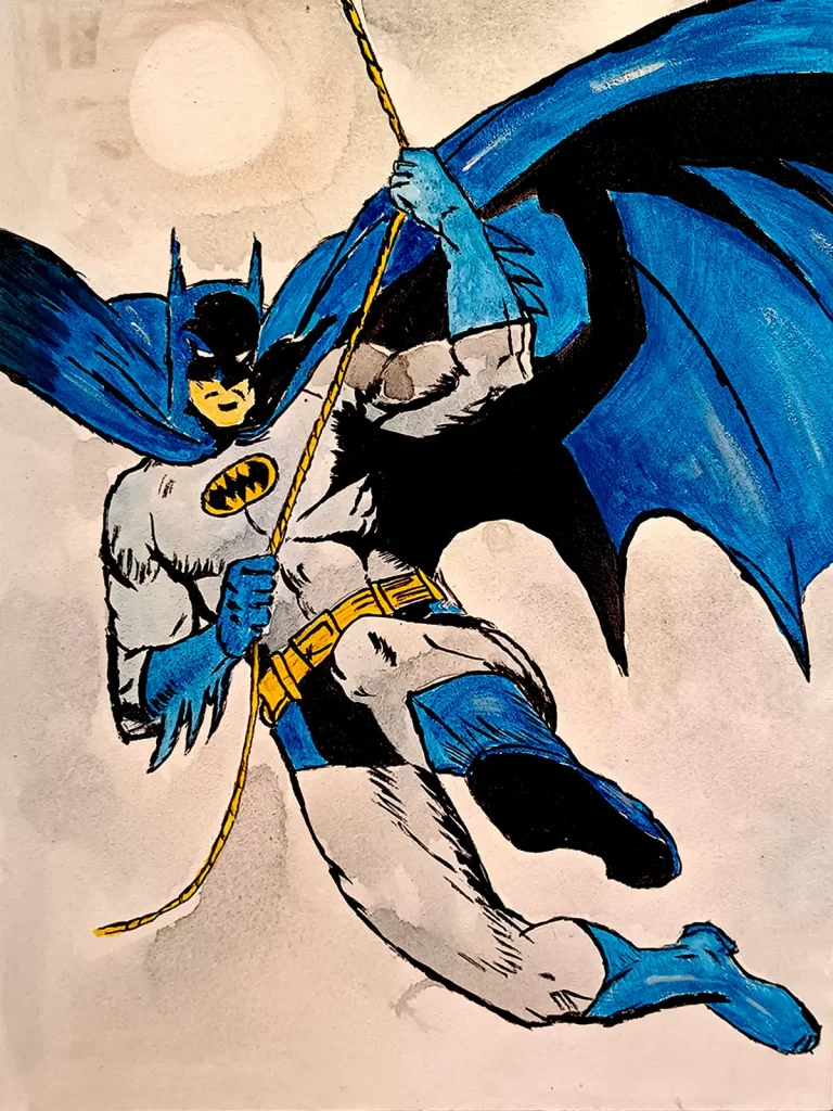 Batman descendiendo con cuerda en estilo cómic clásico con capa azul Irreverentes
