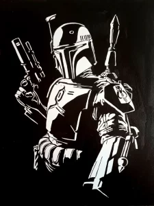 Boba Fett con bláster en estilo stencil blanco y negro sobre fondo negro Irreverentes