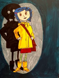 Coraline con impermeable amarillo y sombra inquietante estilo ilustración oscura Irreverentes