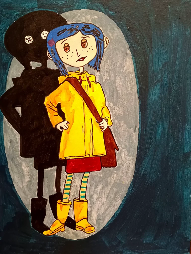 Coraline con impermeable amarillo y sombra inquietante estilo ilustración oscura Irreverentes