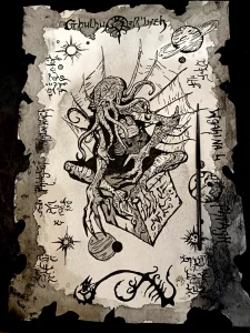 Cthulhu dibujo tinta estilo grimorio antiguo Irreverentes