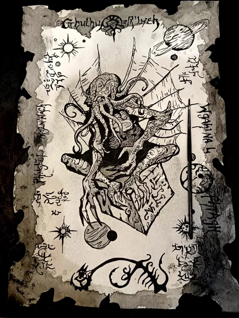 Cthulhu dibujo tinta estilo grimorio antiguo Irreverentes