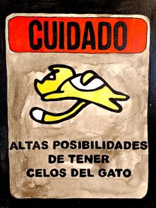 Cartel cuidado altas posibilidades de celos del gato con ilustración felina en estilo gráfico Irreverentes