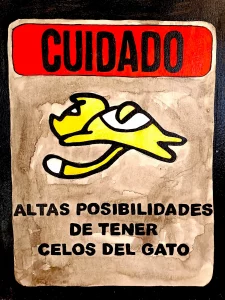 Cartel cuidado altas posibilidades de celos del gato con ilustración felina en estilo gráfico Irreverentes