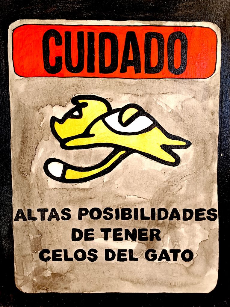 Cartel cuidado altas posibilidades de celos del gato con ilustración felina en estilo gráfico Irreverentes