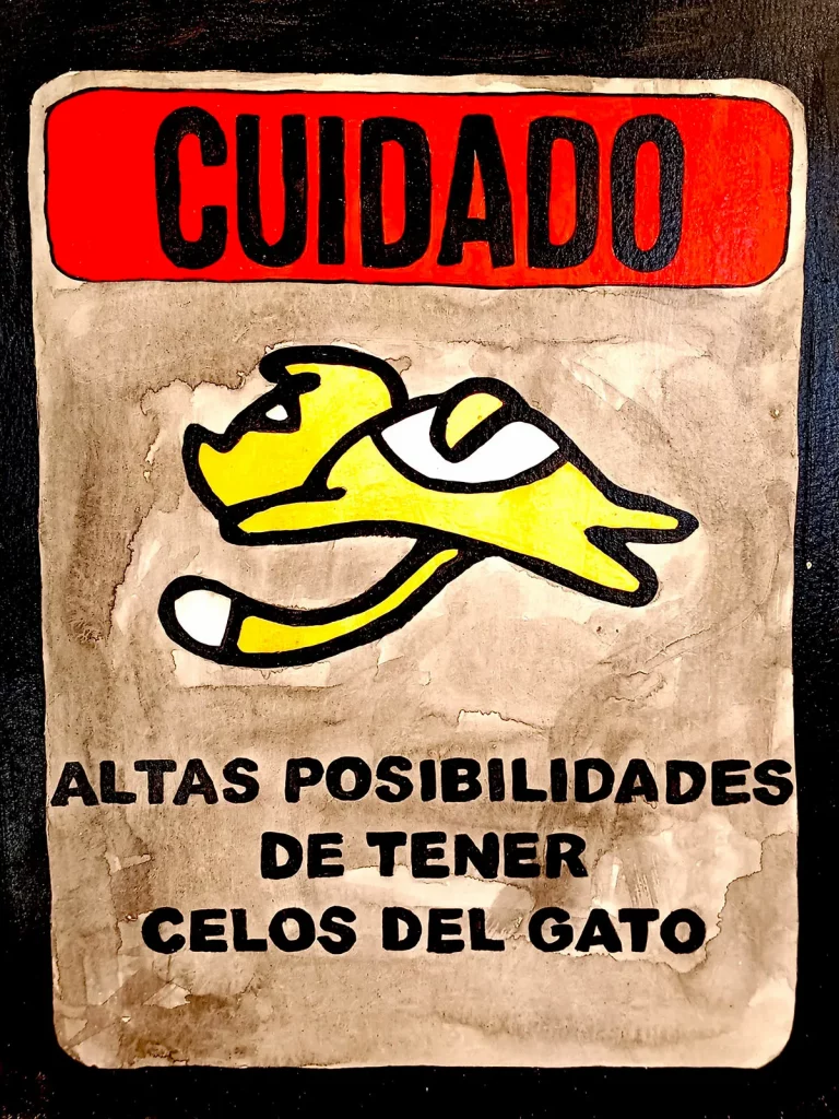 Cartel cuidado altas posibilidades de celos del gato con ilustración felina en estilo gráfico Irreverentes
