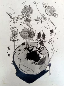 El Principito dibujo tinta con planeta y zorro estilo sketch Irreverentes