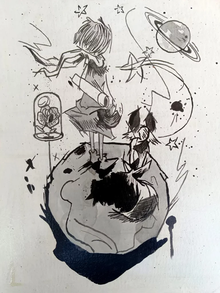 El Principito dibujo tinta con planeta y zorro estilo sketch Irreverentes