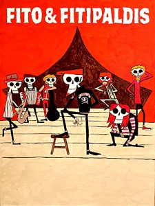 Fito y Fitipaldis representados como esqueletos tocando en escenario estilo ilustración colorida Irreverentes