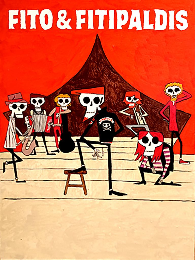 Fito y Fitipaldis representados como esqueletos tocando en escenario estilo ilustración colorida Irreverentes