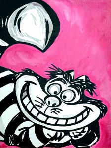 Gato de Cheshire sonriendo en estilo blanco y negro sobre fondo rosa intenso Irreverentes