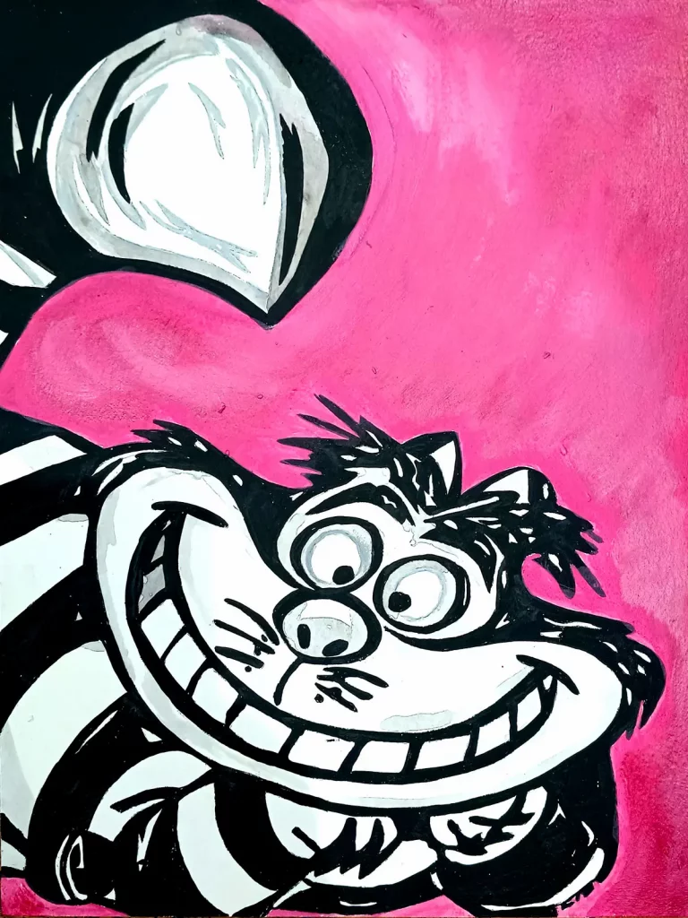 Gato de Cheshire sonriendo en estilo blanco y negro sobre fondo rosa intenso Irreverentes