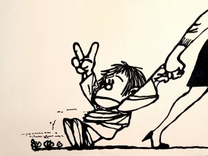 Niño haciendo gesto de victoria mientras es arrastrado por adulto estilo dibujo minimalista en blanco y negro