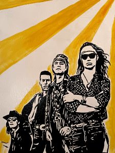 Héroes del Silencio en composición grupal con fondo de rayos amarillos estilo stencil Irreverentes