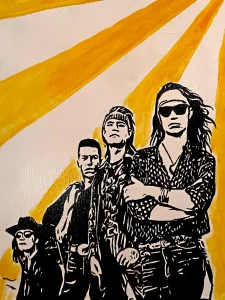 Héroes del Silencio en composición grupal con fondo de rayos amarillos estilo stencil Irreverentes