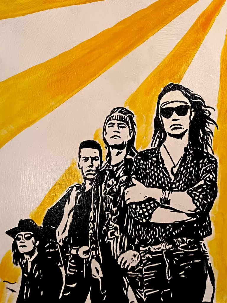 Héroes del Silencio en composición grupal con fondo de rayos amarillos estilo stencil Irreverentes