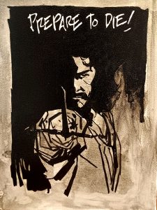 Iñigo Montoya apuntando con espada con texto prepare to die en estilo blanco negro tipo stencil