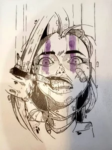 Jinx Arcane dibujo a tinta con lágrimas moradas estilo sketch Irreverentes