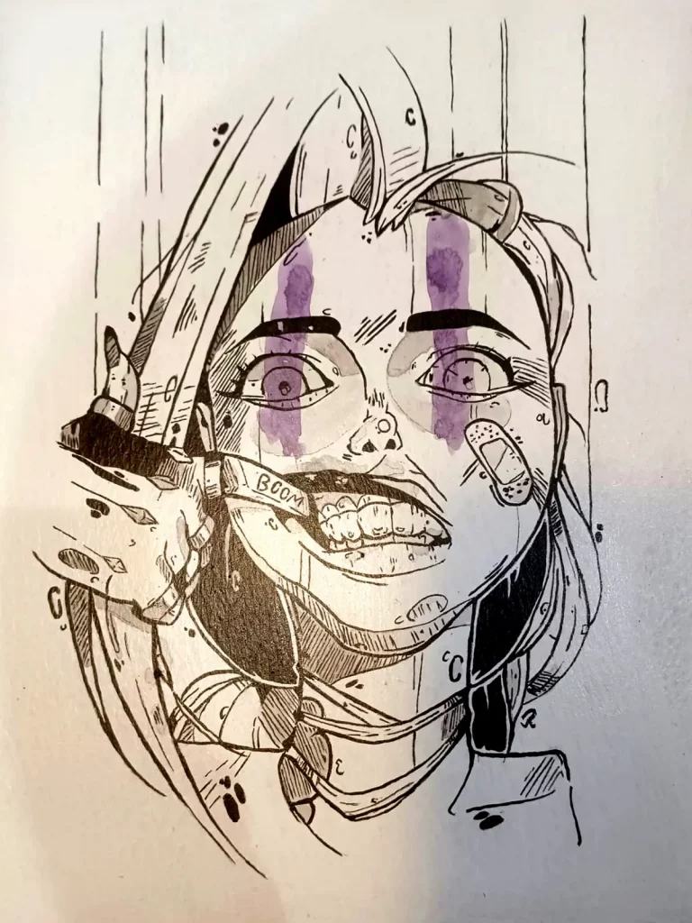 Jinx Arcane dibujo a tinta con lágrimas moradas estilo sketch Irreverentes