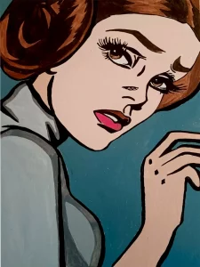 Retrato femenino estilo pop art con mirada lateral y labios rosados