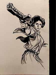Princesa Leia apuntando con bláster en estilo blanco y negro con trazo suelto Irreverentes