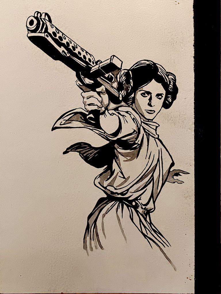 Princesa Leia apuntando con bláster en estilo blanco y negro con trazo suelto Irreverentes