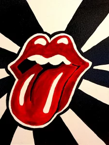 Boca con lengua roja estilo rock sobre fondo de rayos blanco y negro Irreverentes