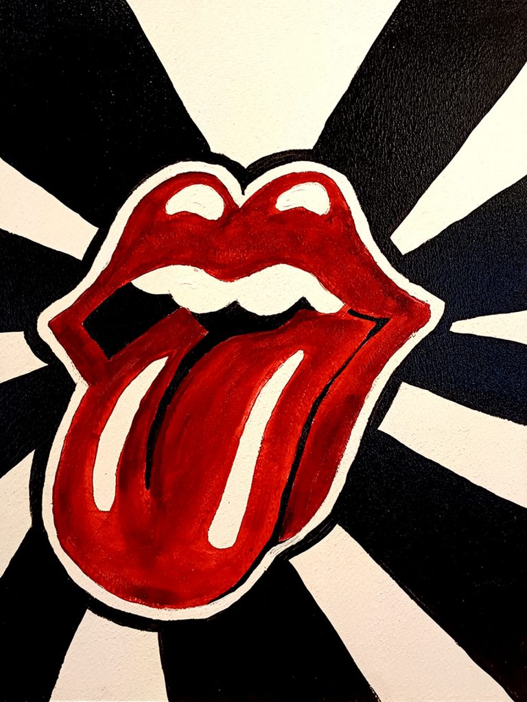 Boca con lengua roja estilo rock sobre fondo de rayos blanco y negro Irreverentes