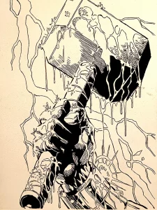 Martillo de Thor sostenido por mano con efecto de energía en estilo blanco y negro detallado Irreverentes