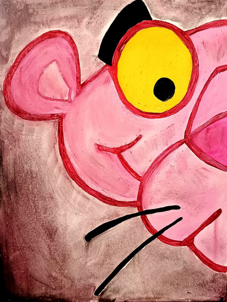 Primer plano de la Pantera Rosa con ojo amarillo en estilo pintura expresiva Irreverentes