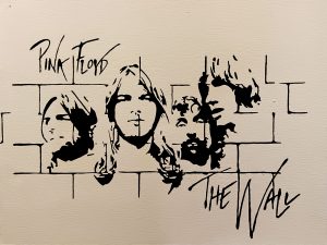 Rostros de Pink Floyd The Wall en estilo stencil blanco y negro con fondo de muro Irreverentes