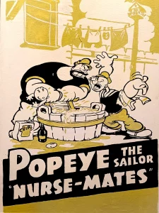 Popeye bañando a bebé con Olive en escena estilo cómic vintage en blanco negro y ocre Irreverentes