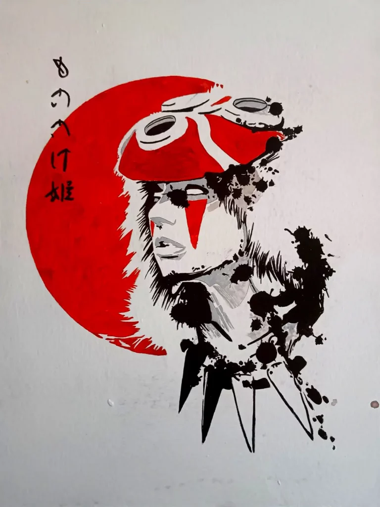 Princesa Mononoke con máscara roja sobre fondo circular estilo japonés Irreverentes