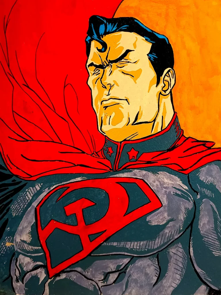 Superman versión soviética con símbolo rojo en estilo cómic sobre fondo cálido Irreverentes
