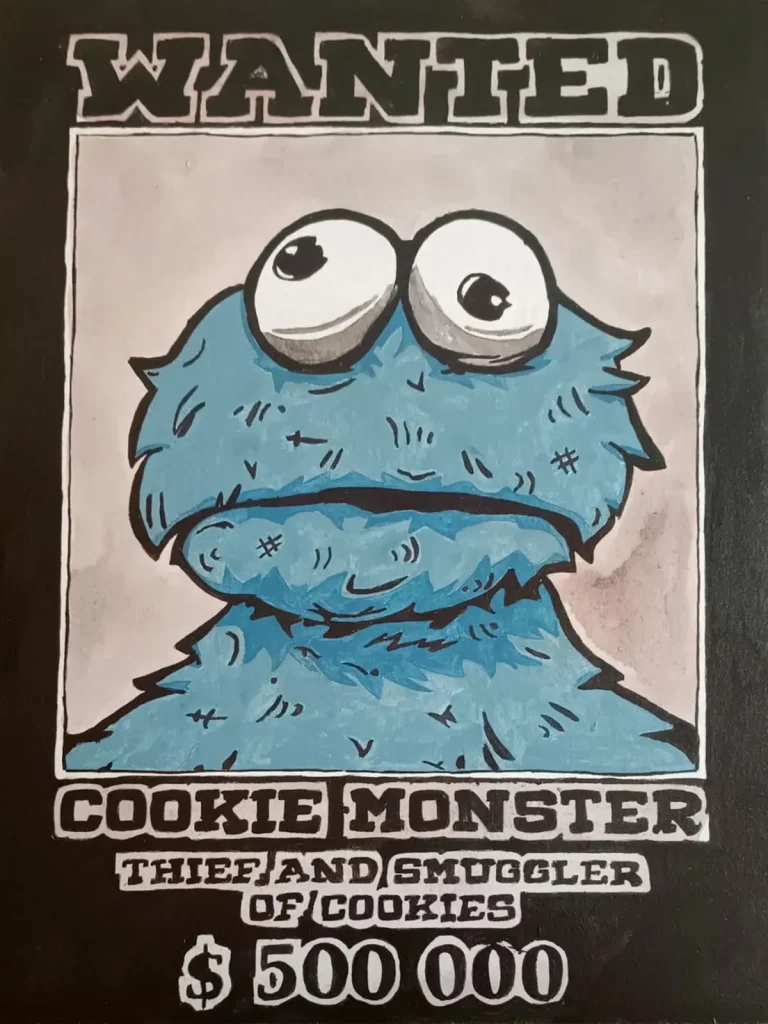 Triki el monstruo de las galletas en cartel wanted estilo western Irreverentes