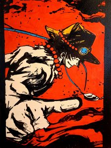 Ilustración de Portgas D Ace con sombrero y collar, en estilo cómic con fondo rojo intenso