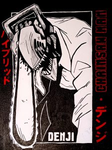 Ilustración de Denji de Chainsaw Man con motosierra en la cabeza en estilo blanco y negro