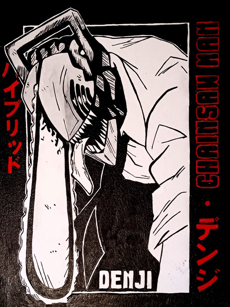 Ilustración de Denji de Chainsaw Man con motosierra en la cabeza en estilo blanco y negro