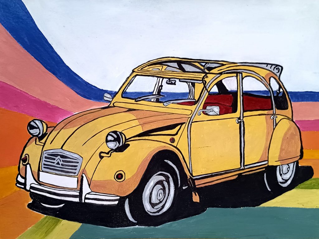 Ilustración de Citroën 2CV amarillo sobre paisaje colorido en estilo retro