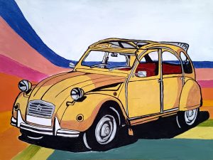 Ilustración de Citroën 2CV amarillo sobre paisaje colorido en estilo retro