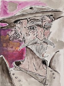 Retrato de Don Quijote con expresión serena en estilo ilustración con tinta y acuarela