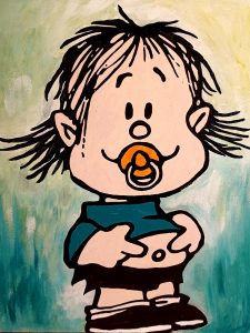 Ilustración de Guille, el hermano de Mafalda, con chupete y gesto inocente