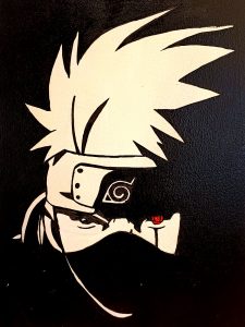 Retrato de Kakashi con Sharingan en rojo en estilo stencil sobre fondo negro
